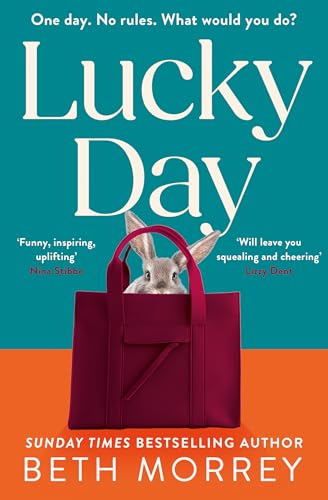 Book cover: "Lucky Day" with a rabbit peeking from a red handbag.