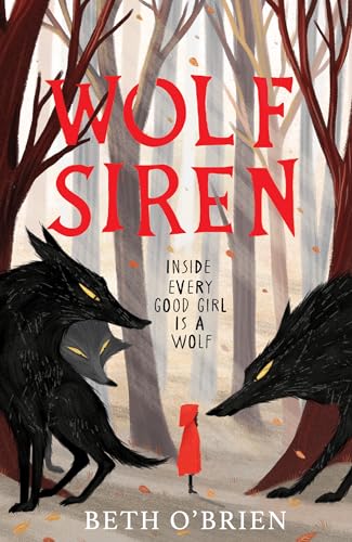 Book cover showing a girl in a red cloak standing between two large wolves.
