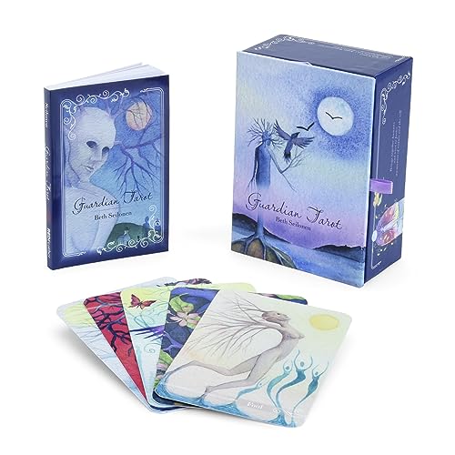 Guardian Tarot deck with illustrated box and sample cards, watercolor style.