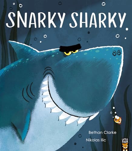 A grumpy-looking blue shark with a wide grin swims underwater near a small fish.