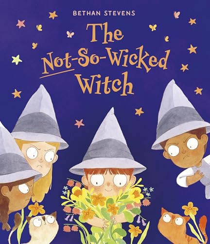 Three children in witch hats with flowers and two cats.