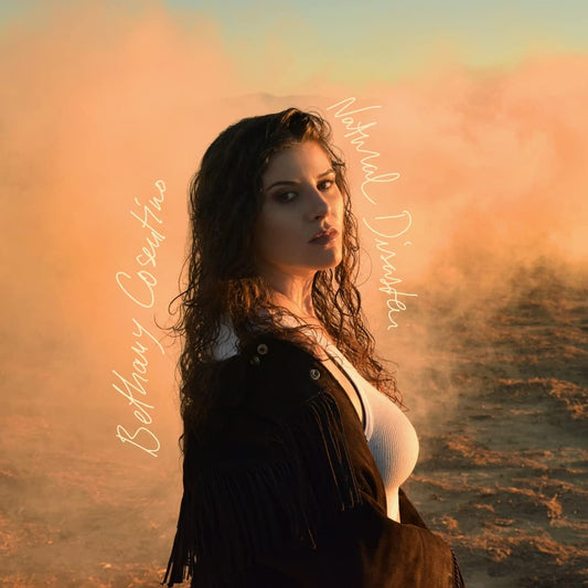 "Album cover with a woman in a dusty landscape, text reads 'Bethany Cosentino Natural Disaster'."