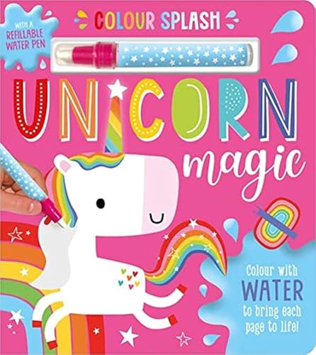 Children’s book cover featuring a white unicorn and colourful water pen.