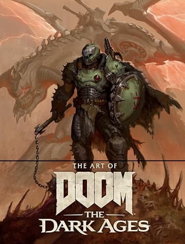 Doom Slayer with weapons, facing a demonic dragon, book cover art.