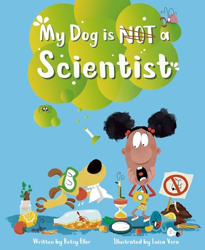 Children’s book cover with a girl, dog, and scattered science equipment.
