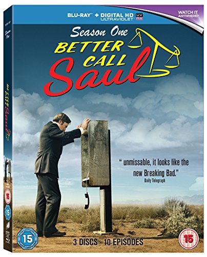"Blu-ray case for 'Better Call Saul Season 1' with man leaning on a phone booth."