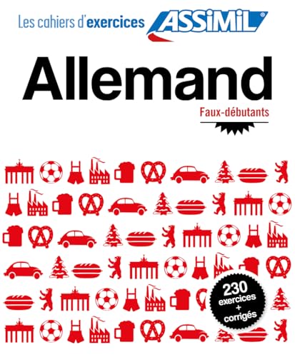 Red "Allemand" exercise book cover with illustrated objects and "230 exercices".