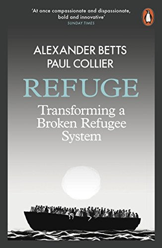 Book cover of "Refuge" with a boat full of people on water.