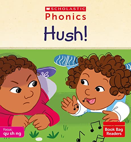 Scholastic Phonics book cover titled Hush! featuring two children lying on the grass.