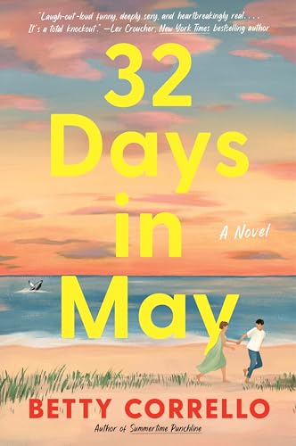 Book cover: “32 Days in May” with couple walking on a beach.