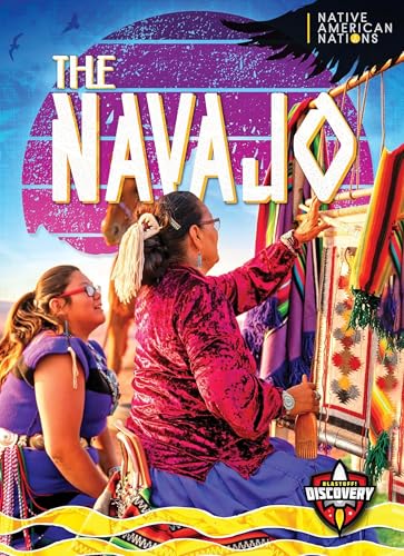Navajo women weaving, with traditional clothing, against a sunset backdrop.
