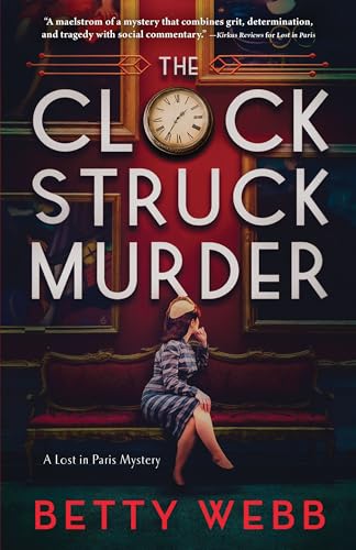Book cover: "Clock Struck Murder" with a woman seated on a red sofa.