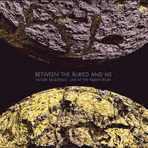 "Album cover with two moons, one yellow, one gray, against a black starry background."