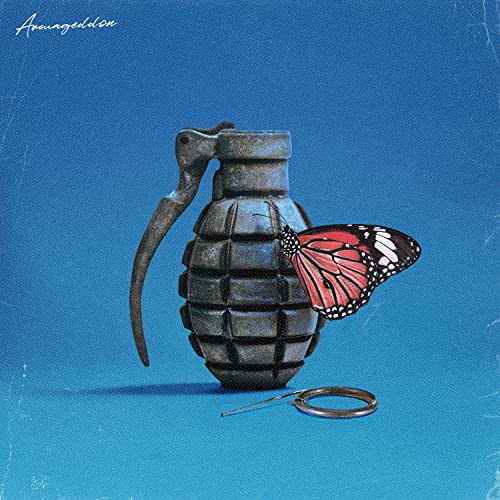 Grenade with a butterfly perched on it, against a blue background.