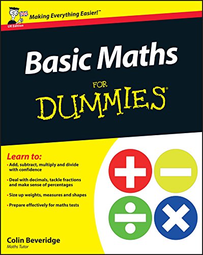 Book cover: “Basic Maths For Dummies” with addition, subtraction symbols.