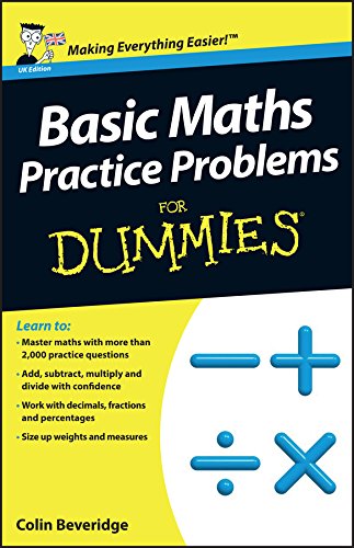 Yellow and black book cover titled "Basic Maths Practice Problems For Dummies".