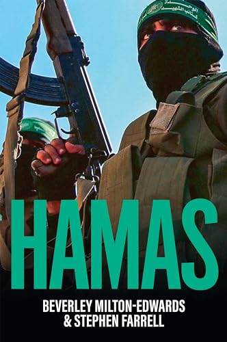 Book cover: masked figure with rifle, title “HAMAS” in green text.