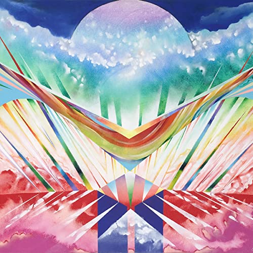 Abstract album cover with rainbow rays and a central glowing orb.