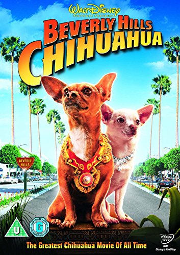 "Beverly Hills Chihuahua DVD cover featuring two chihuahuas on a road with palm trees."