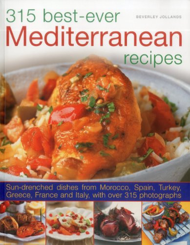 Cookbook cover titled 315 Best-Ever Mediterranean Recipes featuring a bowl of chicken and vegetables.