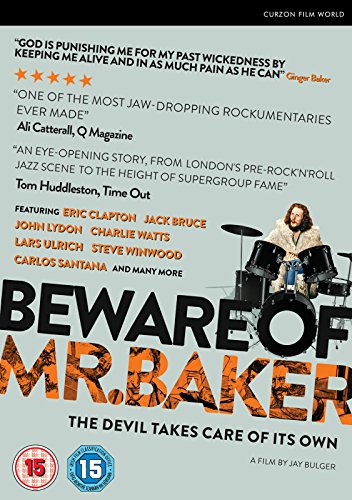 DVD cover for "Beware Of Mr. Baker" featuring Ginger Baker on drums.