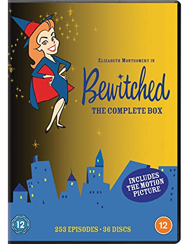 DVD cover for Bewitched: The Complete Box featuring a cartoon witch over a city.