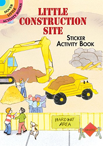 Construction site sticker activity book cover with yellow vehicles and workers.