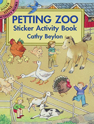 BookCathy Beylon's Petting Zoo Sticker Activity Book cover featuring children and farmC farm animals.