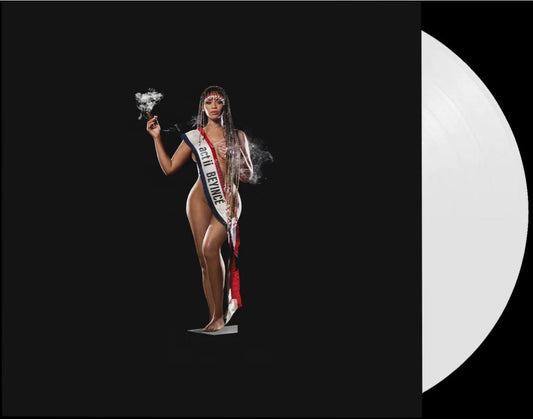 Beyoncé in a red dress and sash, with a white vinyl record beside her.