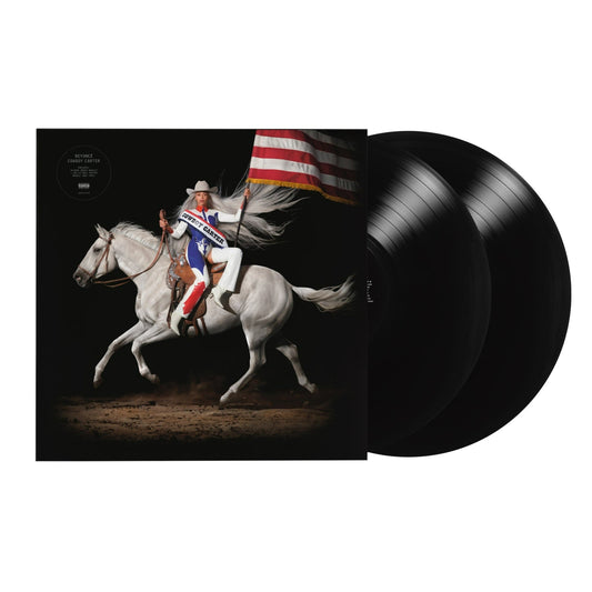 Beyoncé on a white horse wearing a cowboy hat and patriotic outfit.