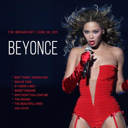 Beyoncé album cover: red dress, microphone, tracklist, dark background.
