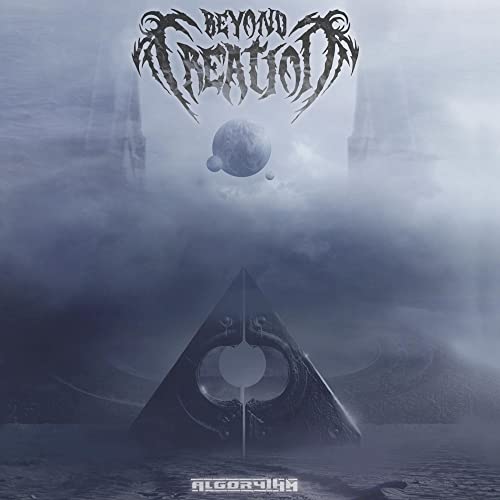 Beyond Creation Algorythm album cover featuring a dark pyramid in a misty, celestial landscape.