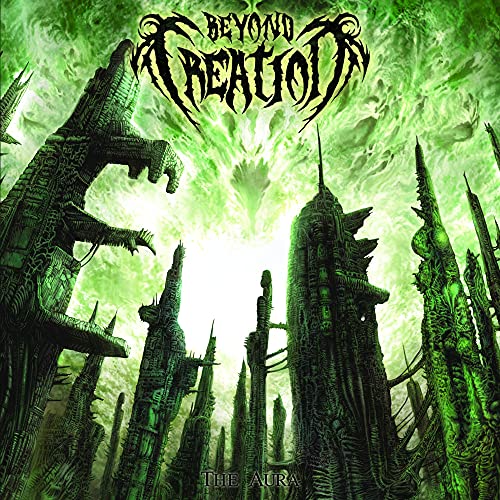 Album cover for Beyond Creation’s “The Aura,” featuring a green, futuristic cityscape.