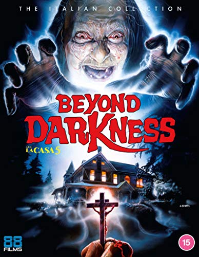 Horror movie cover showing a ghoulish face, a house, and a hand holding a crucifix.