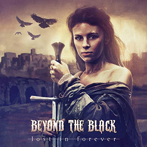 Woman with sword, birds flying, ruined city background, album cover art.