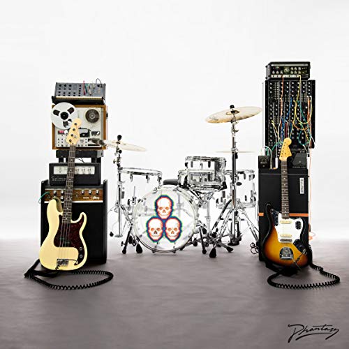 Musical instruments—bass, guitars, drums, and synthesizers—arranged against a white background.