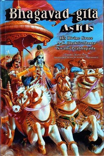 Book cover depicting Krishna and Arjuna riding a chariot pulled by white horses.