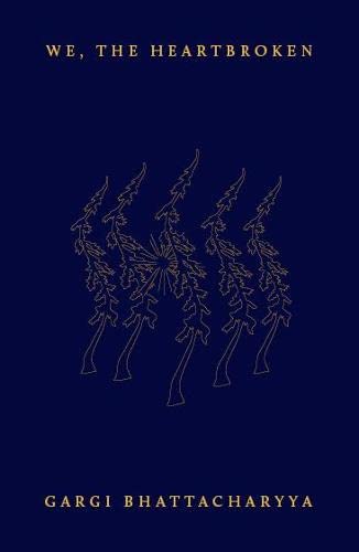 Book cover with gold line art of trees on a dark blue background.