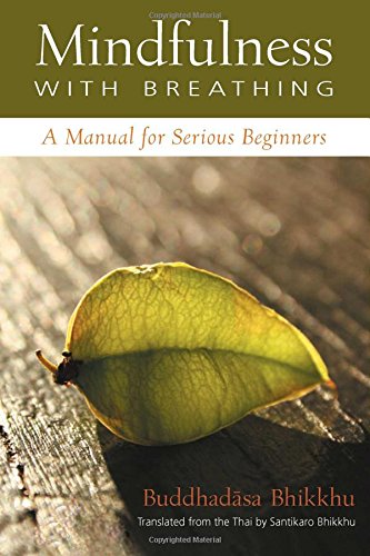 Book cover: "Mindfulness with Breathing" with a leaf on wood.