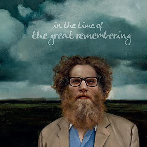 Painting of a bearded man with glasses against a dark, cloudy sky.