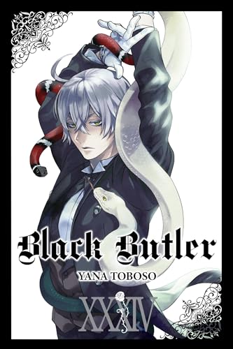 Manga cover of Black Butler Vol. 34 featuring a silver-haired man with white snakes.