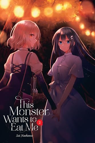 Two anime girls stand in a forest at night, holding hands under glowing lights.