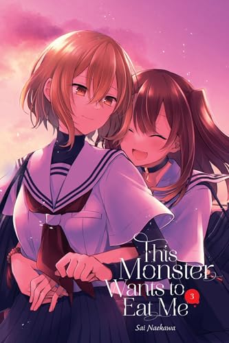 Two anime girls in school uniforms embrace against a pink sunset background.