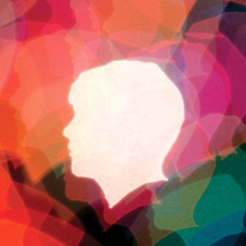 A white silhouette of a head against a background of colorful, overlapping bokeh lights.