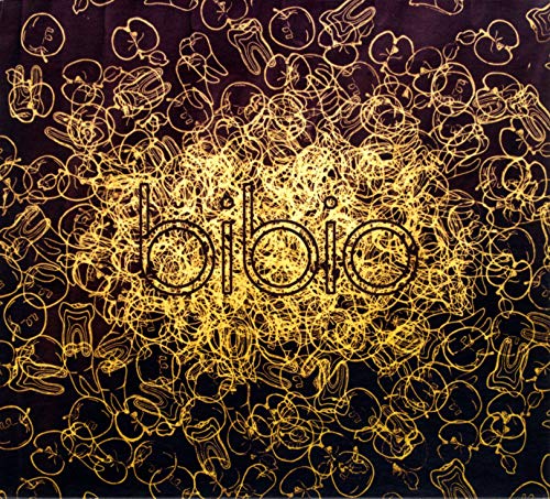 Bibio album cover: gold line art of apples and teeth on purple.