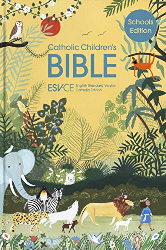 Yellow Bible cover with illustrated animals and plants, labeled "Catholic Children’s Bible.