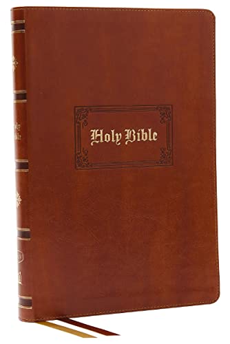 Tan leathersoft Holy Bible with gold lettering and red ribbon marker.