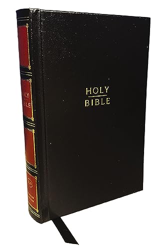 Black hardcover Bible with red spine detail and ribbon bookmark.