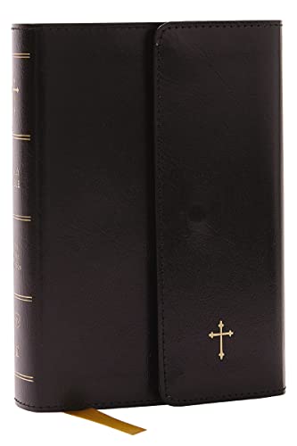 Black leatherflex Bible with gold cross and ribbon bookmark, closed.