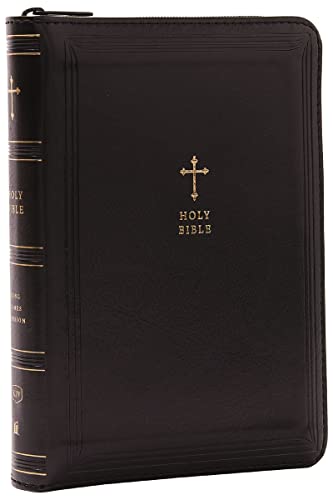 Black leathersoft Bible with gold cross and zippered closure.